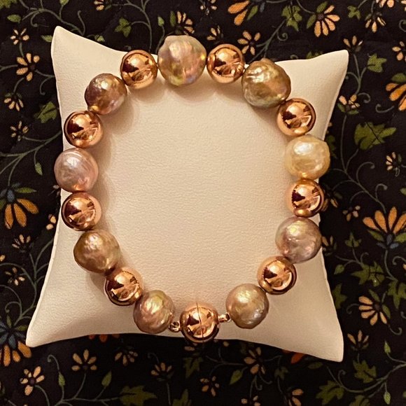 Radiant Honora Ming Pearl and Italian Rose Gold Bronze Bead Bracelet, 6.5" - Picture 2 of 13